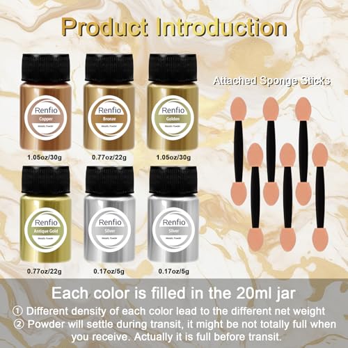 Renfio Metallic Pigment Powder, 5 Colors Gold Mica Powder for Resin, 6 X 20ml Metal Powder, Resin Color Pigment, Color Pigment for Epoxy Resin, Kintsugi, Polymer Clay, Candle Dye - Image 3