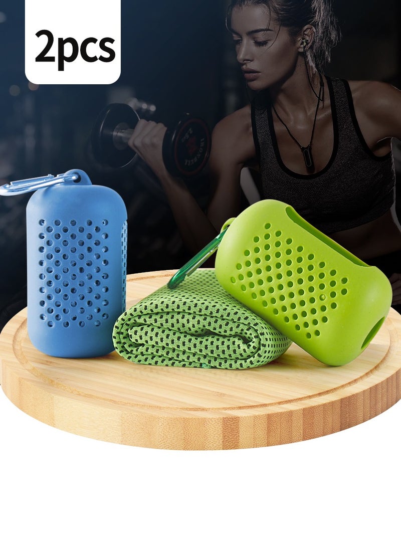 BEIRUI منشفة رياضية باردة من الحرير الجليدي قابلة للحمل 2 قطعة، علبة تخزين سيليكون، منشفة باردة سريعة الجفاف وامتصاص العرق ناعمة مع تأثير تبريد، عالية الامتصاص وقابلة للتنفس - Image 1