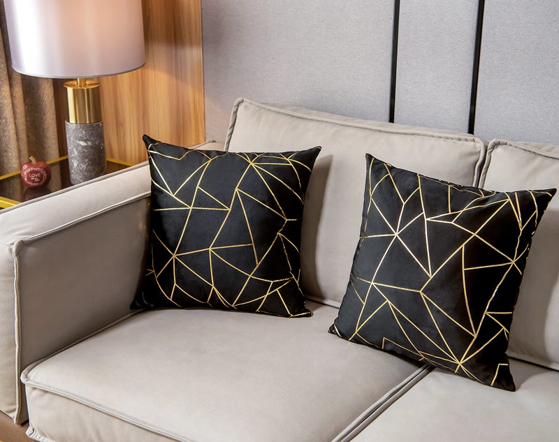 YONGLIU YONGLIU Pack of 2 Velvet Cushion Cases Decorative Gold Foil Geometric Pattern Ultra-Soft Square Throw Pillow Covers for Modern Homes Couch Sofa Bedroom Living Room Car Chair (Black  16""X16"")  - Image 3