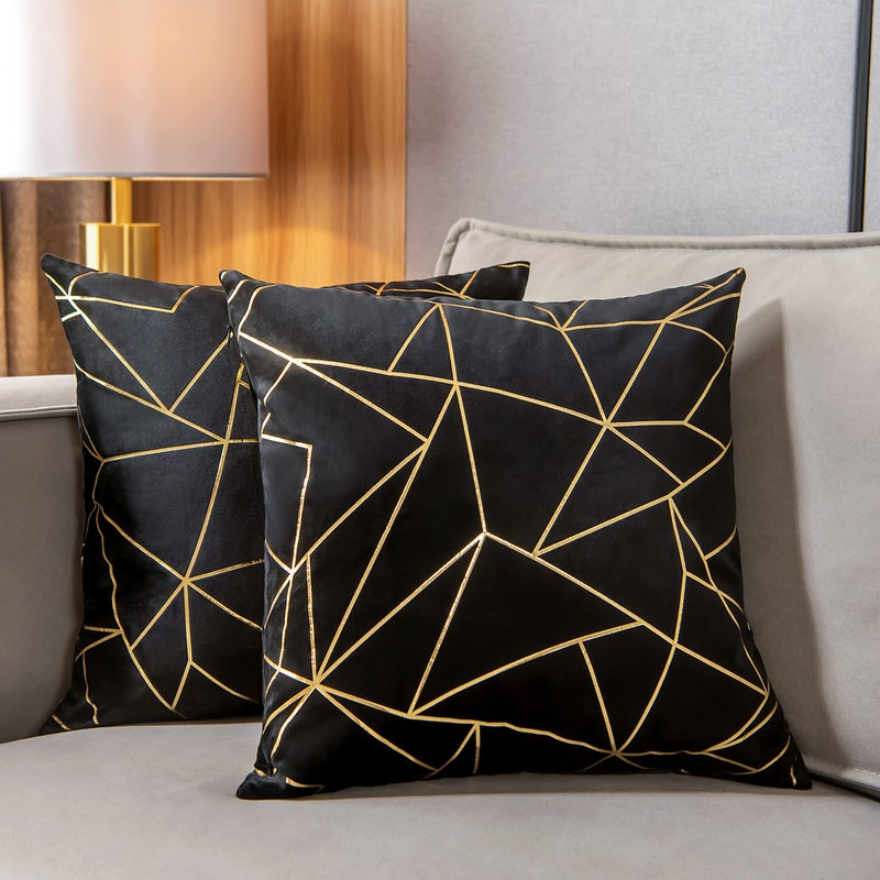 YONGLIU YONGLIU Pack of 2 Velvet Cushion Cases Decorative Gold Foil Geometric Pattern Ultra-Soft Square Throw Pillow Covers for Modern Homes Couch Sofa Bedroom Living Room Car Chair (Black  16""X16"")  - Image 1