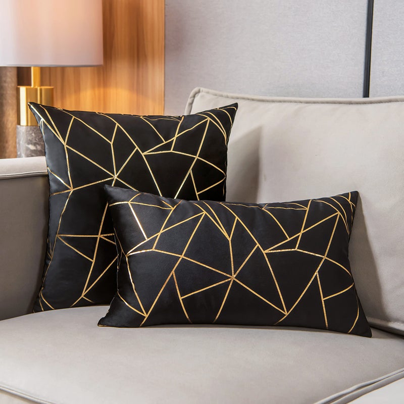 YONGLIU YONGLIU Pack of 2 Velvet Cushion Cases Decorative Gold Foil Geometric Pattern Ultra-Soft Square Throw Pillow Covers for Modern Homes Couch Sofa Bedroom Living Room Car Chair (Black  16""X16"")  - Image 4