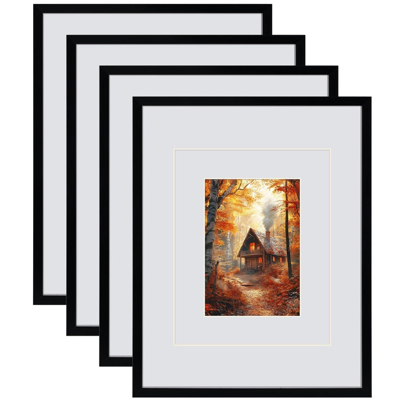 Serwrsw 11x14 Black Picture Frame with Double White Mat 4 Pack, 11 by 14 Family Wedding Frame Fits 3 Photo Sizes, with Mat for 5x7 or 8x10, without Mat for 11x14, Display on Tabletop or Wall - Image 1