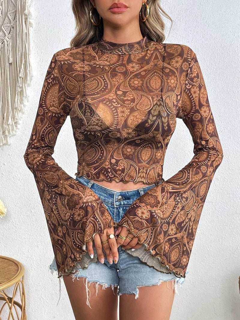 Ins 2026 New Women'S Mesh Printed Round Neck Flared Sleeve Long-Sleeve T-Shirt - Image 2