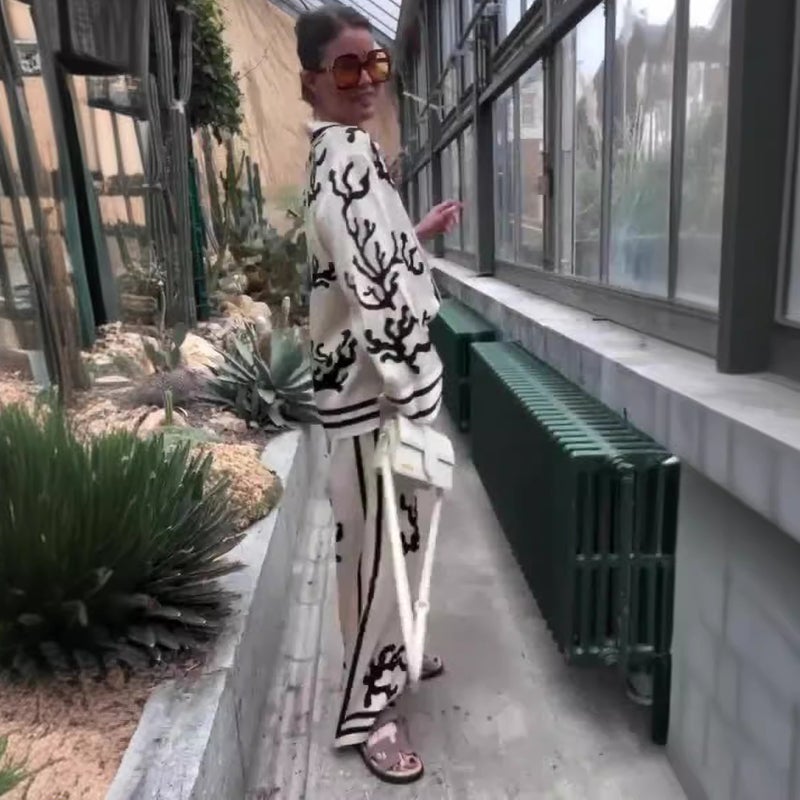 Autumn 2024 Fashion Casual Womens Printed Top and Pants Set White - Image 3
