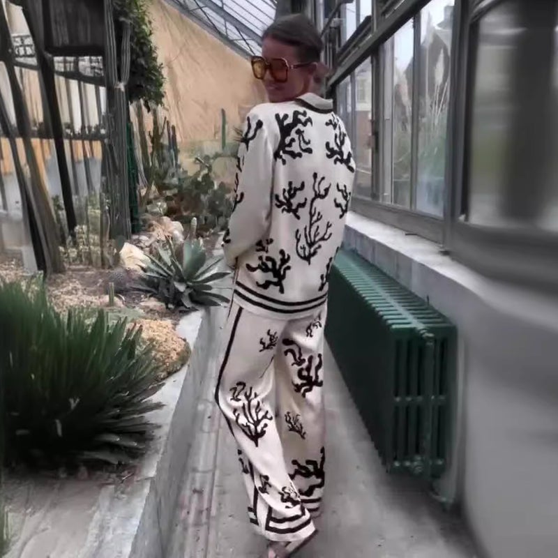 Autumn 2024 Fashion Casual Womens Printed Top and Pants Set White - Image 2