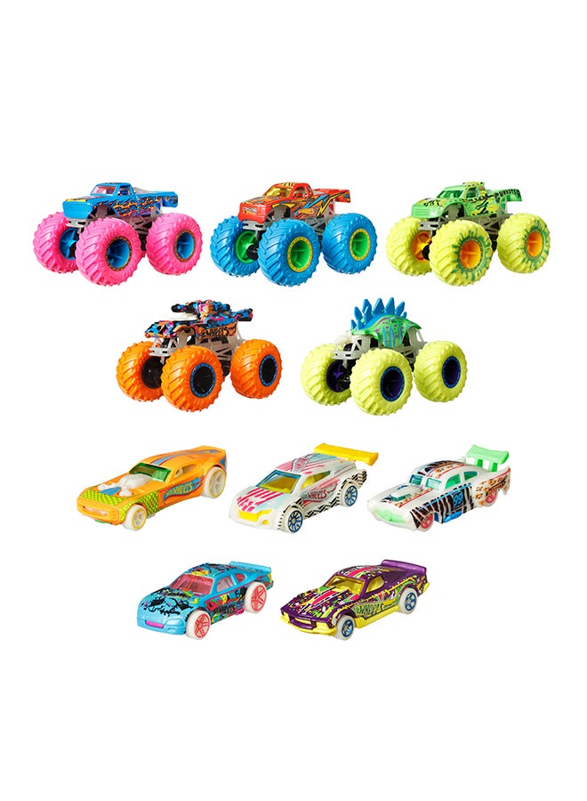 Hot Wheels Toy Monster Trucks 10-Pack of Glow-in-the-Dark 1:64 Scale Vehicles, GITD Set of 5 Trucks & 5 Cars, Play Vehicles for Kids & Collectors - Image 2