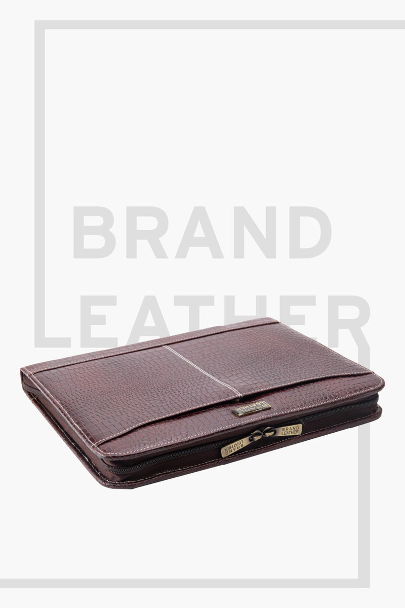 BRAND LEATHER Genuine Leather Premium File Folder Mobile Case Tablet Case Pen Holder Earphones Space Card Holder Compartment Office Stuff Portfolio (Croco Brown) - Image 4