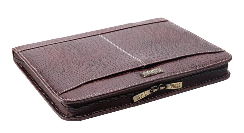 BRAND LEATHER Genuine Leather Premium File Folder Mobile Case Tablet Case Pen Holder Earphones Space Card Holder Compartment Office Stuff Portfolio (Croco Brown) - Image 1
