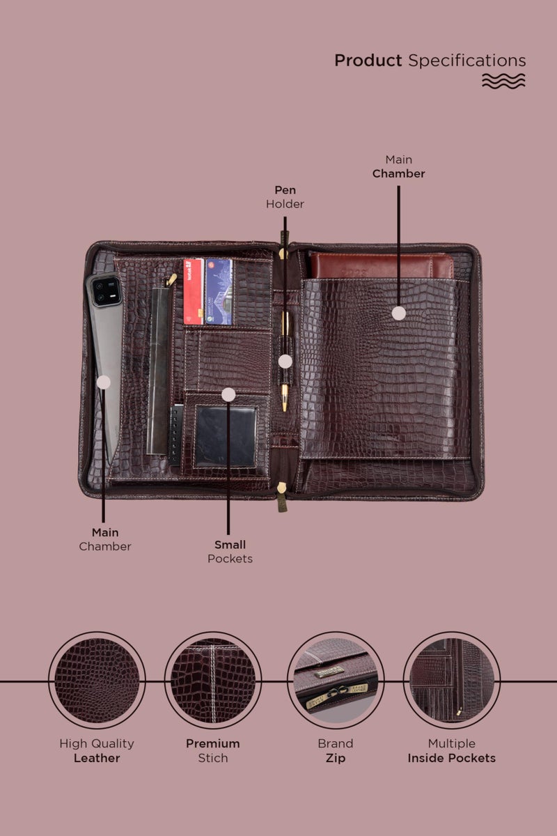 BRAND LEATHER Genuine Leather Premium File Folder Mobile Case Tablet Case Pen Holder Earphones Space Card Holder Compartment Office Stuff Portfolio (Croco Brown) - Image 3