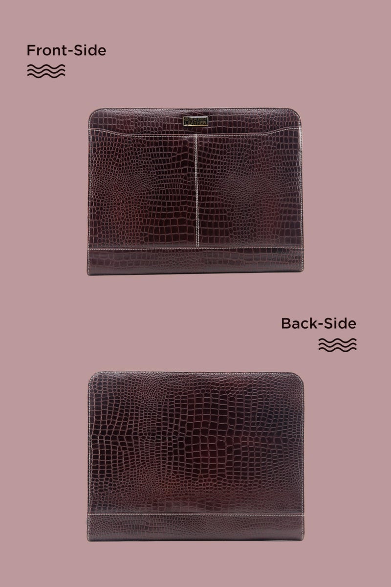 BRAND LEATHER Genuine Leather Premium File Folder Mobile Case Tablet Case Pen Holder Earphones Space Card Holder Compartment Office Stuff Portfolio (Croco Brown) - Image 2