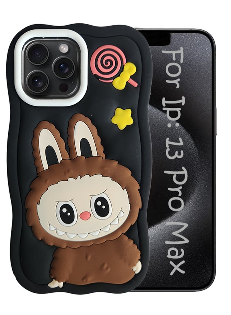 ما وراء الأساسيات جراب سيليكون من Labubu Style لهاتف iPhone 13 Pro Max، غطاء سيليكون مقاوم للصدمات، تصميم دمية لطيفة، أسود، - Image 1
