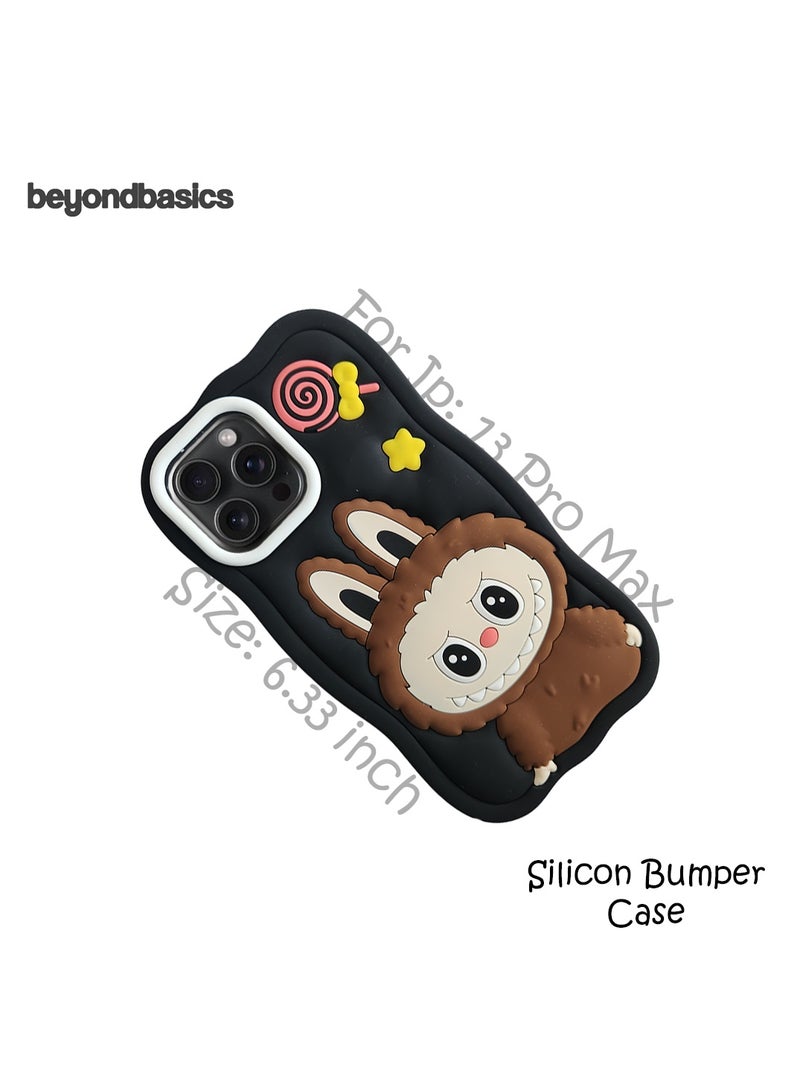 ما وراء الأساسيات جراب سيليكون من Labubu Style لهاتف iPhone 13 Pro Max، غطاء سيليكون مقاوم للصدمات، تصميم دمية لطيفة، أسود، - Image 3