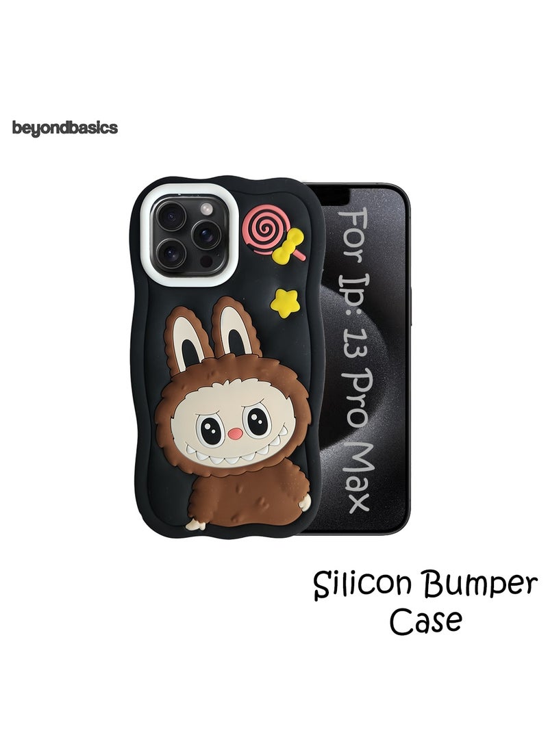 ما وراء الأساسيات جراب سيليكون من Labubu Style لهاتف iPhone 13 Pro Max، غطاء سيليكون مقاوم للصدمات، تصميم دمية لطيفة، أسود، - Image 2