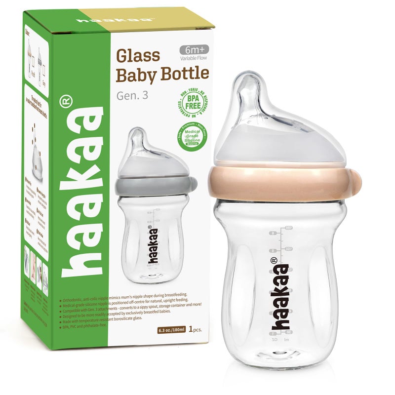haakaa Gen.3 Natural Glass Baby Bottle Wide Neck Anti-Colic Variable Flow Nipple - Easy to Clean & Latch for 6M+ Breastfed Babies, Newborn Registry Essentials,BPA-Free, 6.3 oz/180 ml, Peach - Image 1