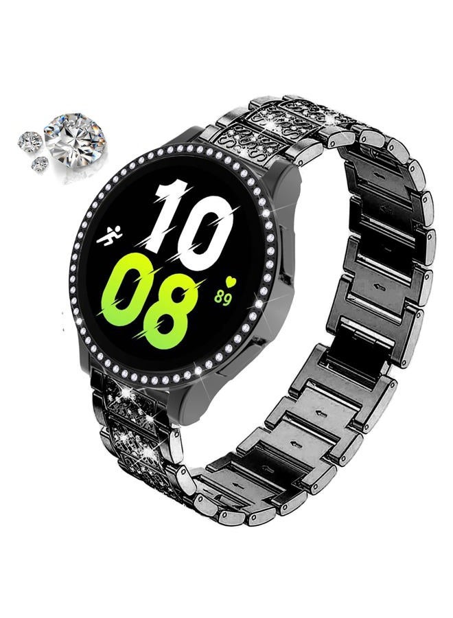 DEALELE Bands Compatible with Samsung Galaxy Watch FE / 5/4 40mm, 20mm Slim Bling Rhinestone Diamond Metal Strap with Protective Case Replacement Bracelet and Cover for Women Men (40mm, Black) - Image 1