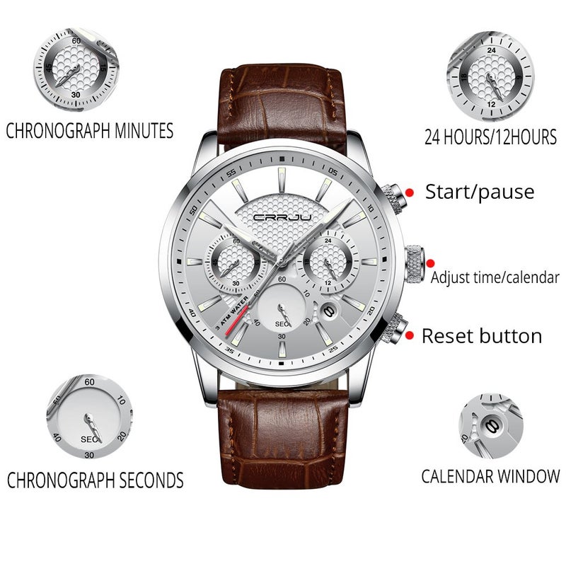 CRRJU Men's Fashion Leather Watches Casual Work Waterprooof Quartz Watch with Brown Strap - Image 3