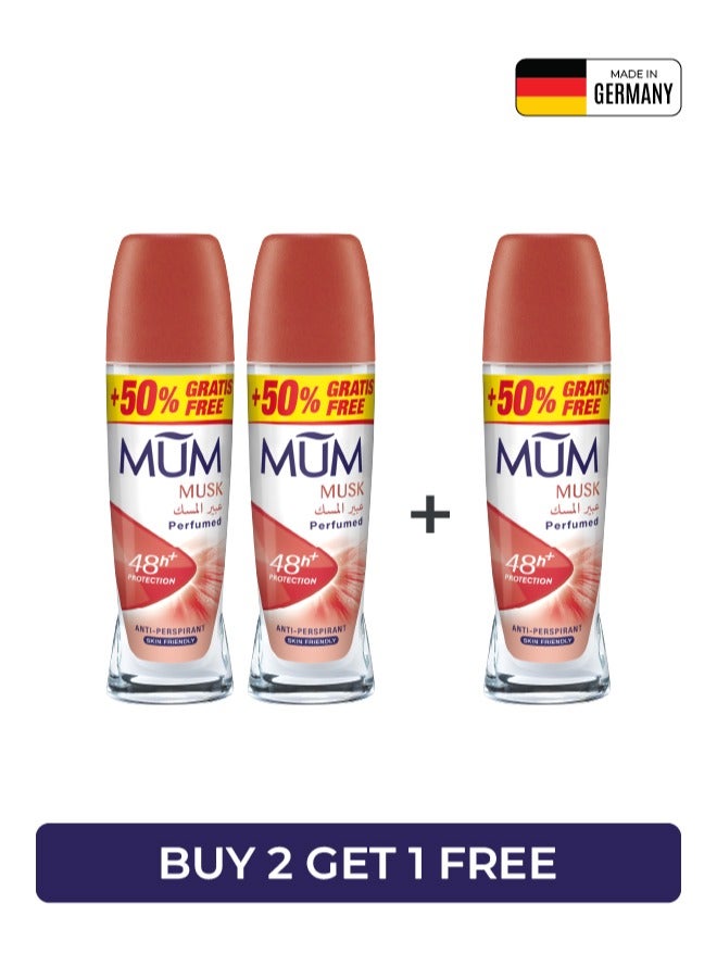MUM Deodorant Roll-on - Musk, 48-Hrs Protection, Quick Drying Formula For All Skin Type, Pack of 3, 75ml Each - Image 1