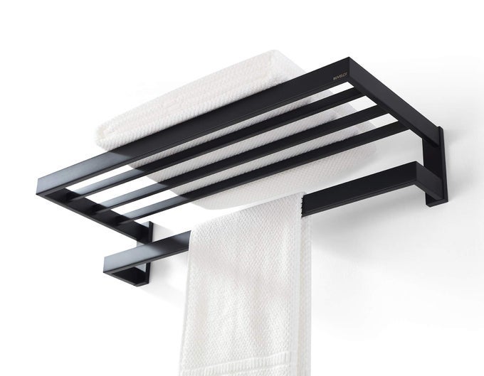 TOWEL RACKS FOR BATHROOM SQUARE MODERN HOTEL STYLE TOWEL SHELF WITH TOWEL BAR BATH TOWEL HOLDER WALL MOUNTED 24INCH MATTE BLACK NO ASSEMBLY 073100MB LER SERIES