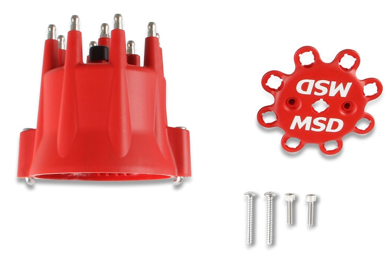 MSD 8433 Red V8 Distributor Cap With HEI Terminals and Spark Plug Wire Retainer