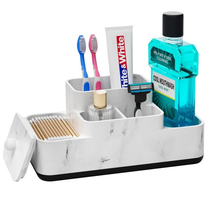 BATHROOM COUNTER ORGANIZER TOOTHBRUSH HOLDER FOR BATHROOM RESIN BATHROOM ORGANIZER COUNTERTOP STORAGE FOR COTTON BALLVANITYTOOTHPASTE WHITE MARBLE LOOK