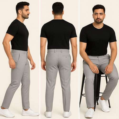 PALIANS Men's Regular Fit Formal Stretchable Trousers with Expandable Waist | Skin-Friendly Lycra Solid Pant (in, Numeric, 30, Regular, Light Grey) - Image 2