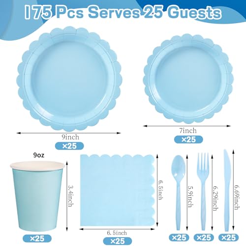 Xiangqu 175 Pcs Light Blue Paper Plates and Napkins, Blue Party Supplies Include Light Blue Scalloped Plates Napkins Cups Plastic Spoons Forks Knives for Baby Shower, Wedding, Birthday - Image 2