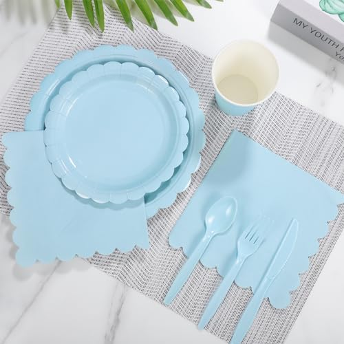 Xiangqu 175 Pcs Light Blue Paper Plates and Napkins, Blue Party Supplies Include Light Blue Scalloped Plates Napkins Cups Plastic Spoons Forks Knives for Baby Shower, Wedding, Birthday - Image 4