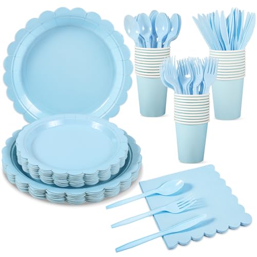 Xiangqu 175 Pcs Light Blue Paper Plates and Napkins, Blue Party Supplies Include Light Blue Scalloped Plates Napkins Cups Plastic Spoons Forks Knives for Baby Shower, Wedding, Birthday - Image 1