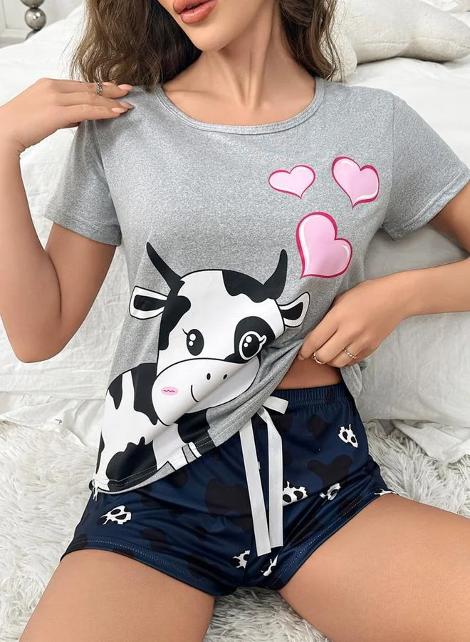 Take Two Grey Cow Print Round Neck T-Shirt and Shorts Set