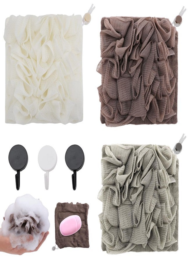Gabrella 3 Pack 2 in 1 Loofah Washcloth with Drawstring, Soap Bar Loofah That Holds Bar Soap-Exfoliation Mesh Shower Ball, Reusable Shower Sponge for Body Wash (Coffee, Khaki, Beige - Image 1
