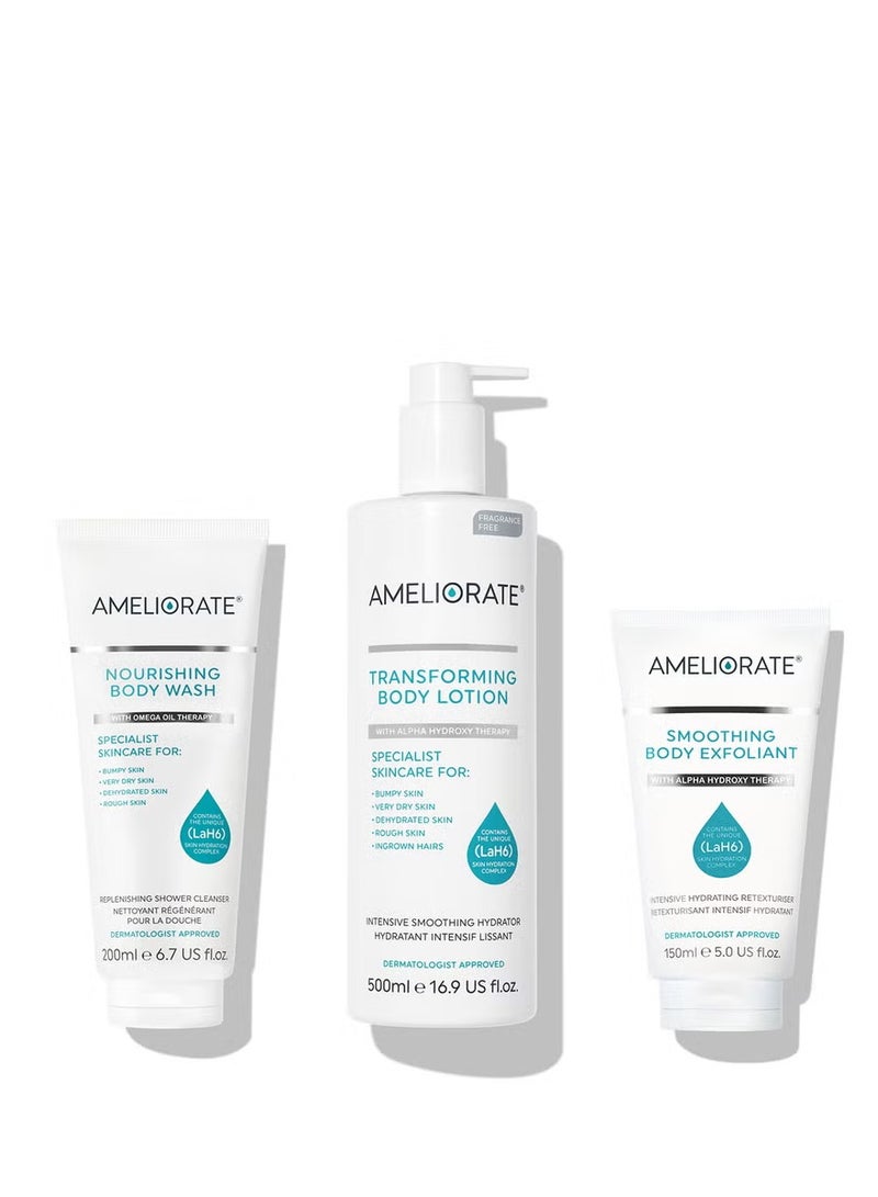 AMELIORATE Smooth Skin Supersize Bundle Nourishing Body Wash 200ml,Smoothing Body Exfoliant 150ml,Transforming Body Lotion 500ml - Image 1