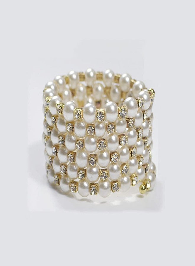 Asphire Vintage Great Gatsby Pearl Bracelet Multi-Layered Chunky Pearl Crystal Elastic Bangle Bridal Wedding Jewelry 1920s Flapper Prom Party Costume Accessories for Women, Gold - Image 5
