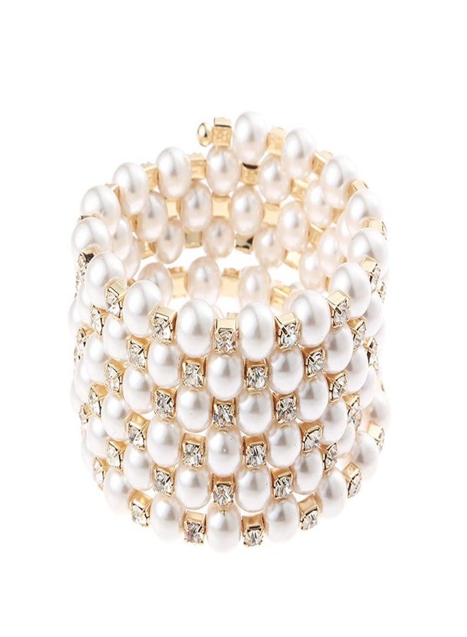 Asphire Vintage Great Gatsby Pearl Bracelet Multi-Layered Chunky Pearl Crystal Elastic Bangle Bridal Wedding Jewelry 1920s Flapper Prom Party Costume Accessories for Women, Gold - Image 1