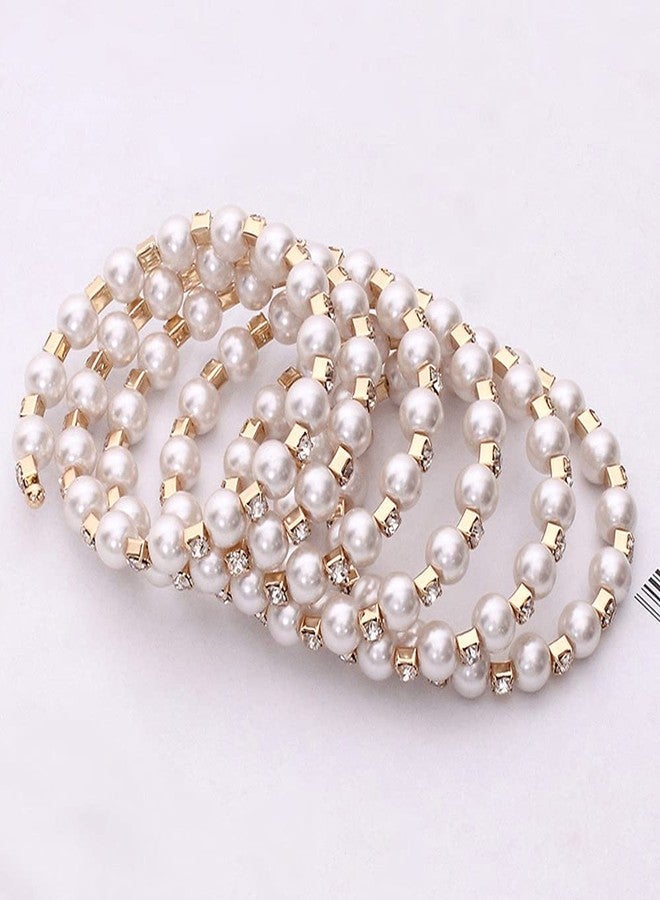 Asphire Vintage Great Gatsby Pearl Bracelet Multi-Layered Chunky Pearl Crystal Elastic Bangle Bridal Wedding Jewelry 1920s Flapper Prom Party Costume Accessories for Women, Gold - Image 3