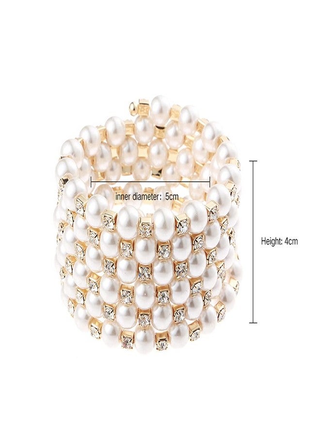 Asphire Vintage Great Gatsby Pearl Bracelet Multi-Layered Chunky Pearl Crystal Elastic Bangle Bridal Wedding Jewelry 1920s Flapper Prom Party Costume Accessories for Women, Gold - Image 4