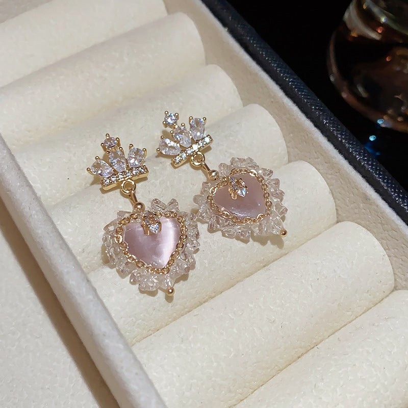 Gold Plated Silver Crown Heart Stud Earrings Elegant Fashion Silver needle-gold-pink (real gold plating) 