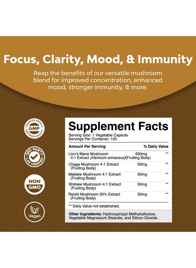 Natures Craft - Nootropic Lions Mane Mushroom Capsules Lion’S Mane Mushroom Complex Immune System Booster And Brain Supplement Mushroom Extract Focus Pills Brain Booster And Mood Support With Reishi (120 Count) - Image 1