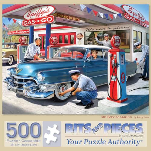 Bits and Pieces 500 قطعة أحجية للكبار - أحجية تركيب كبيرة 15 x 19 - 500 قطعة - سيارات كلاسيكية - محطة وقود من الخمسينيات - قطع مقطوعة عشوائياً بدون قطعتين متشابهتين - محطة خدمة من الخمسينيات - Image 1