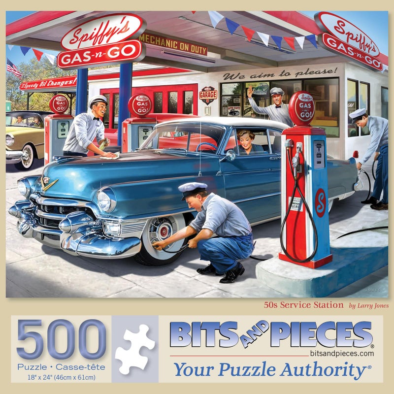 Bits and Pieces 500 قطعة أحجية للكبار - أحجية تركيب كبيرة 15 x 19 - 500 قطعة - سيارات كلاسيكية - محطة وقود من الخمسينيات - قطع مقطوعة عشوائياً بدون قطعتين متشابهتين - محطة خدمة من الخمسينيات - Image 3