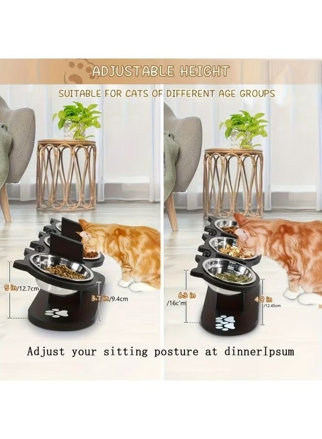 Black 3 Tier Elevated Cat Feeder Adjustable Height Stainless Steel Multi Cat Home - Image 5