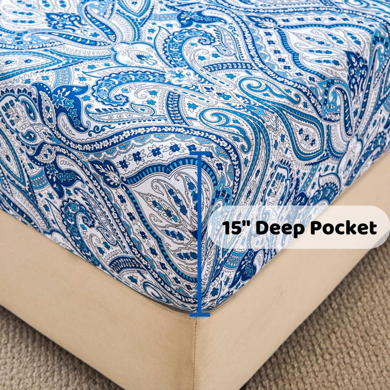 Softan Blue Twin Size Sheet Set, Paisley Printed Bed Sheets for Single Bed, 3-Piece Microfiber Fitted Sheet with 15" Deep Pocket & Non-Slip Straps, Patterned Bedding Sheets & Pillowcase Set - Image 4