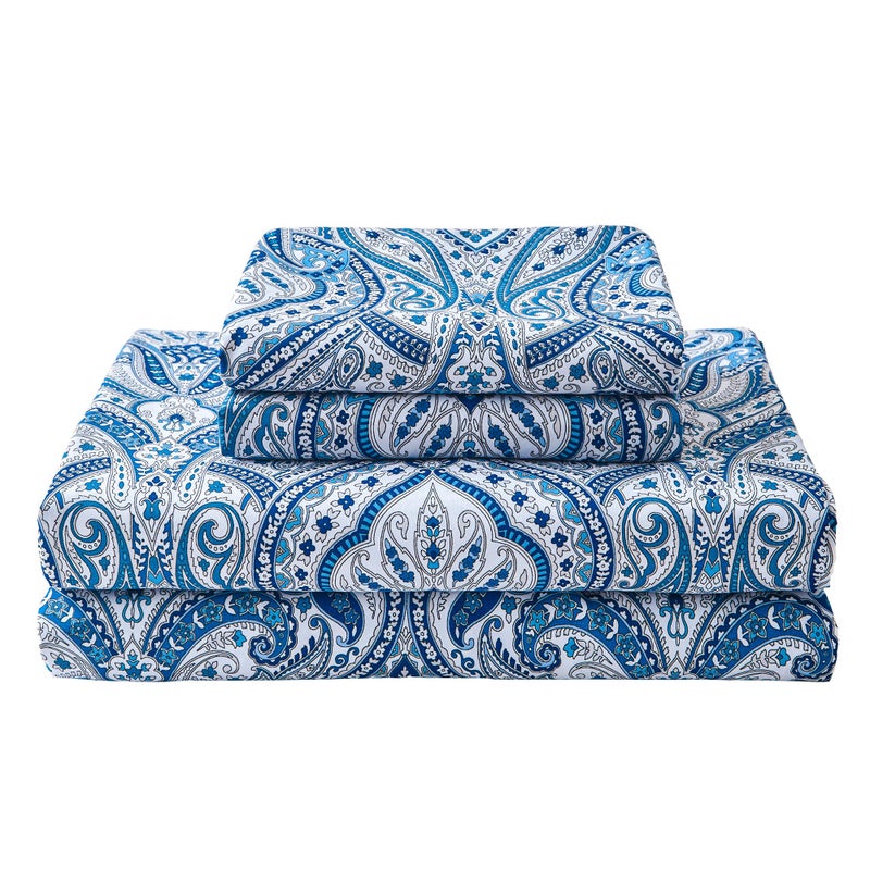 Softan Blue Twin Size Sheet Set, Paisley Printed Bed Sheets for Single Bed, 3-Piece Microfiber Fitted Sheet with 15" Deep Pocket & Non-Slip Straps, Patterned Bedding Sheets & Pillowcase Set - Image 1