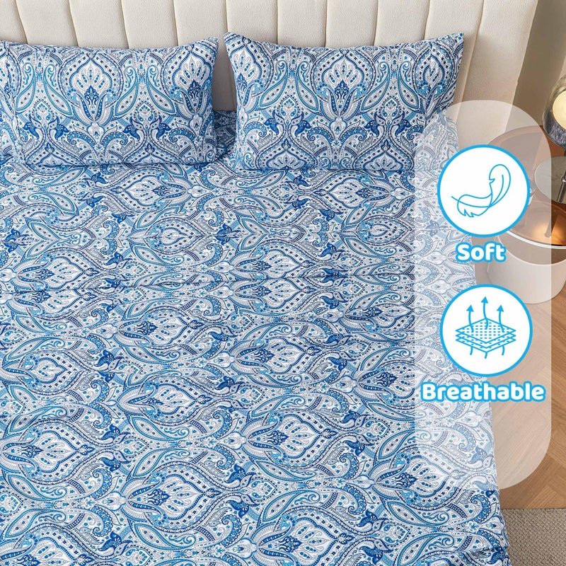 Softan Blue Twin Size Sheet Set, Paisley Printed Bed Sheets for Single Bed, 3-Piece Microfiber Fitted Sheet with 15" Deep Pocket & Non-Slip Straps, Patterned Bedding Sheets & Pillowcase Set - Image 5
