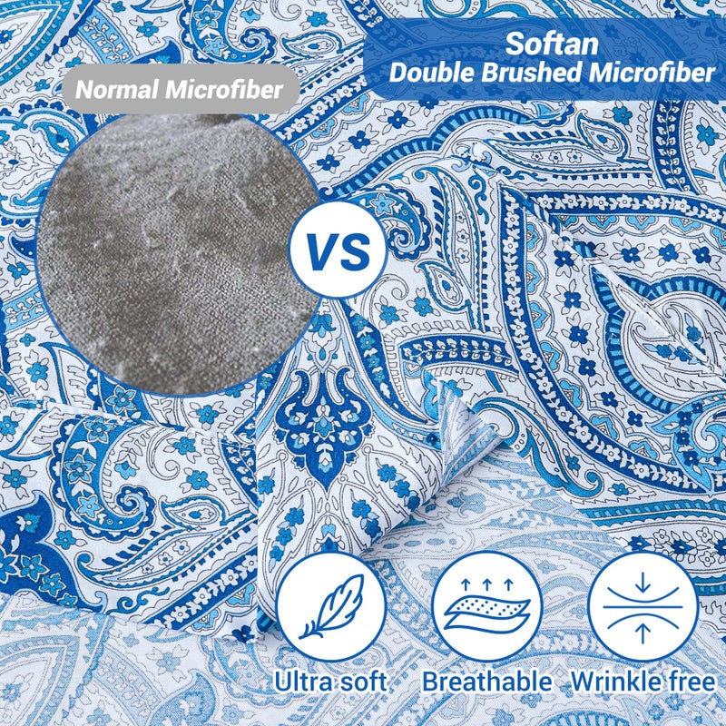 Softan Blue Twin Size Sheet Set, Paisley Printed Bed Sheets for Single Bed, 3-Piece Microfiber Fitted Sheet with 15" Deep Pocket & Non-Slip Straps, Patterned Bedding Sheets & Pillowcase Set - Image 3