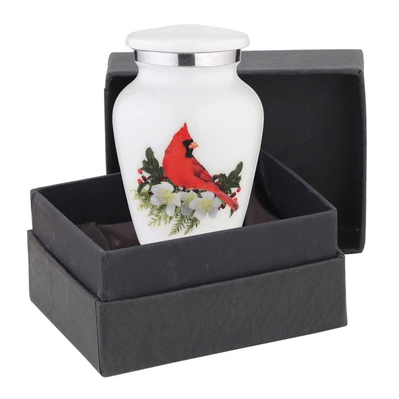 BOLD DIVINE Small Beautiful Red Cardinal Keepsake Urns for Human Ashes Mini Urns Qty 1 with Velvet Bag Funnel