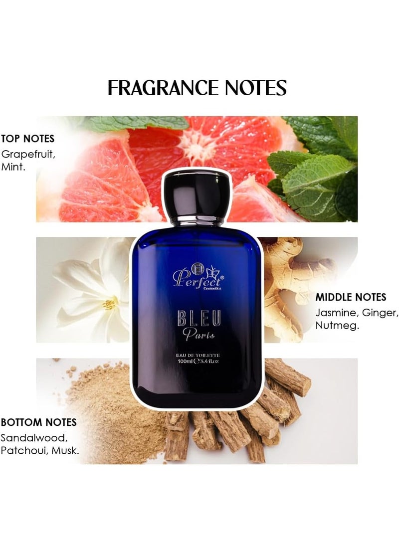 بيرفيكت كوزميتيكس عطر بلو باريس أو دو تواليت للرجال من بيرفكت كوزمتكس، 100 مل - عطر يدوم طويلاً برائحة الحمضيات المنعشة والخشبية والتوابل مع الجريب فروت والنعناع وخشب الصندل والمسك - كولونيا رجالية فاخرة - Image 2