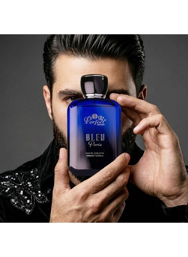 بيرفيكت كوزميتيكس عطر بلو باريس أو دو تواليت للرجال من بيرفكت كوزمتكس، 100 مل - عطر يدوم طويلاً برائحة الحمضيات المنعشة والخشبية والتوابل مع الجريب فروت والنعناع وخشب الصندل والمسك - كولونيا رجالية فاخرة - Image 3