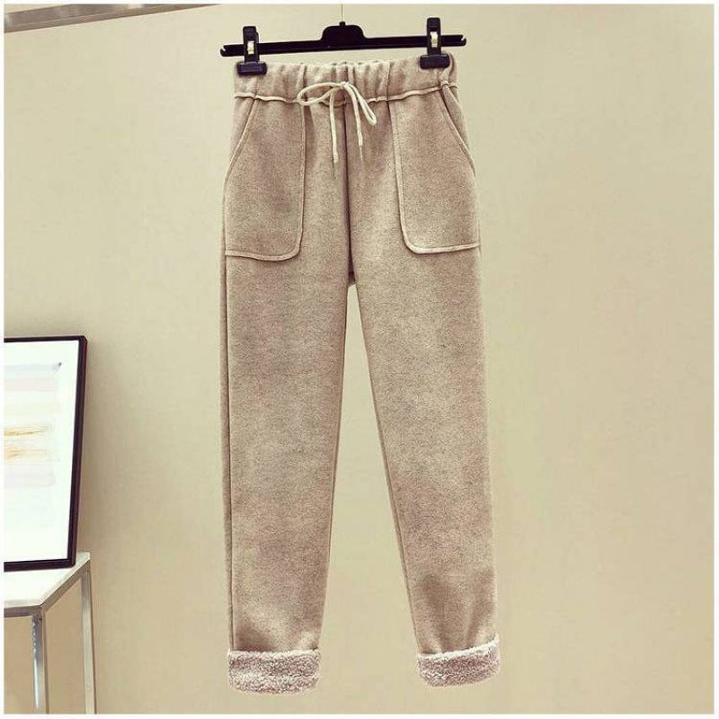 Salt and Sweet Three-piece Set Womens Winter Age-reducing Vest Lamb Wool Sweatshirt Woolen Pants Fashionable suit Khaki pants - Image 1