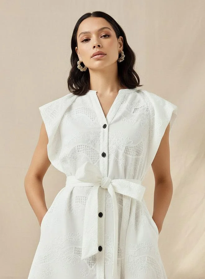 ايكونيك Iconic Embroidered A line Women Dress with Tie Up Belt