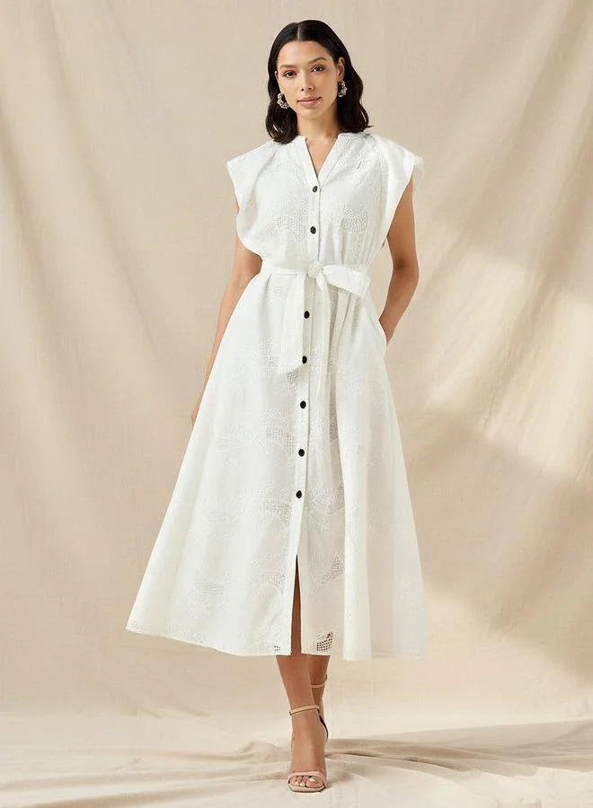 ايكونيك Iconic Embroidered A line Women Dress with Tie Up Belt